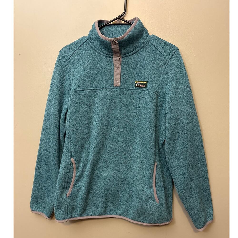 LL Bean Women's 1/4 Snap Sweater Fleece Knit Pullover Teal Blue 2 Pockets -Large